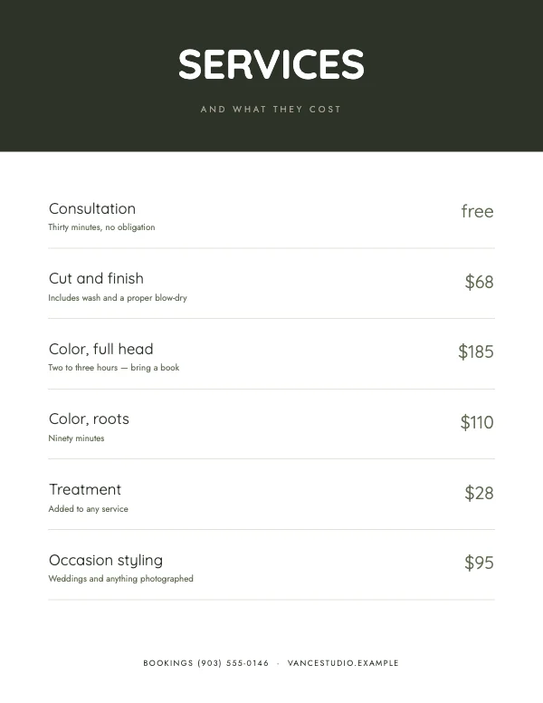 Sage and Bone Clean 8.5×11 Salon Price List