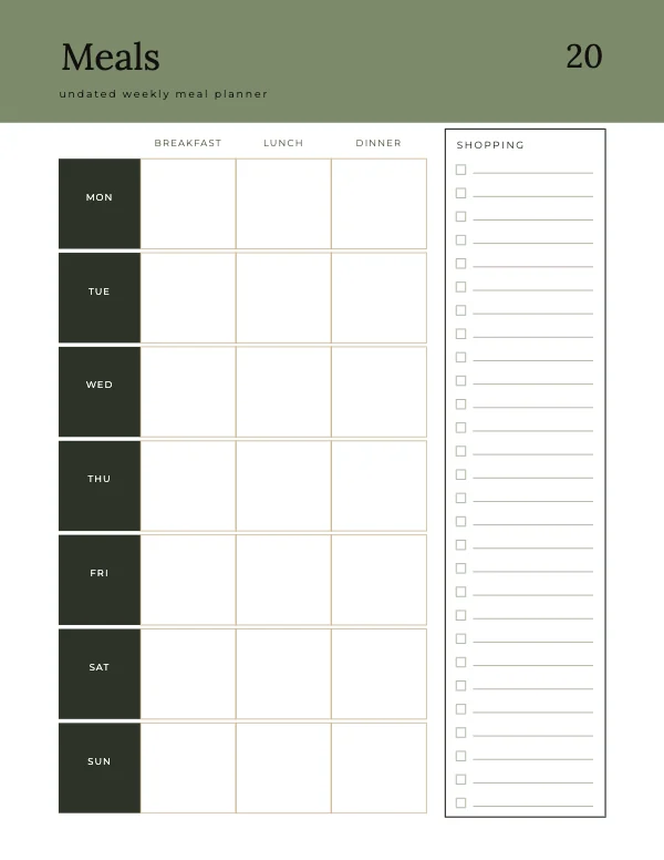 Sage and Bone Undated 8.5 × 11 Weekly Meal Planner