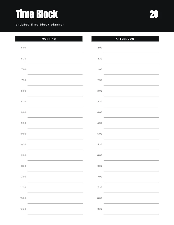 Black and White Undated 8.5 × 11 Time Block Planner