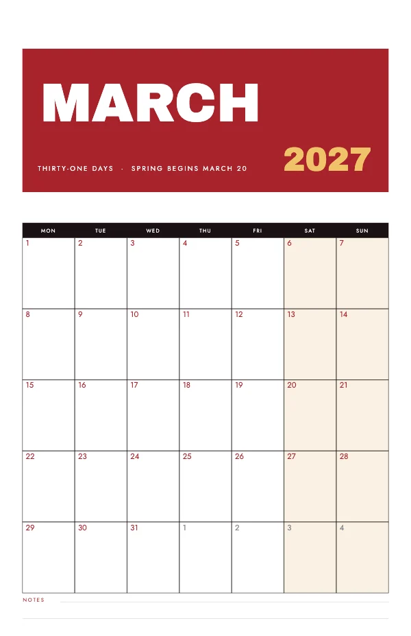 Red and Gold Monthly 11 × 17 Hangable Wall Calendar