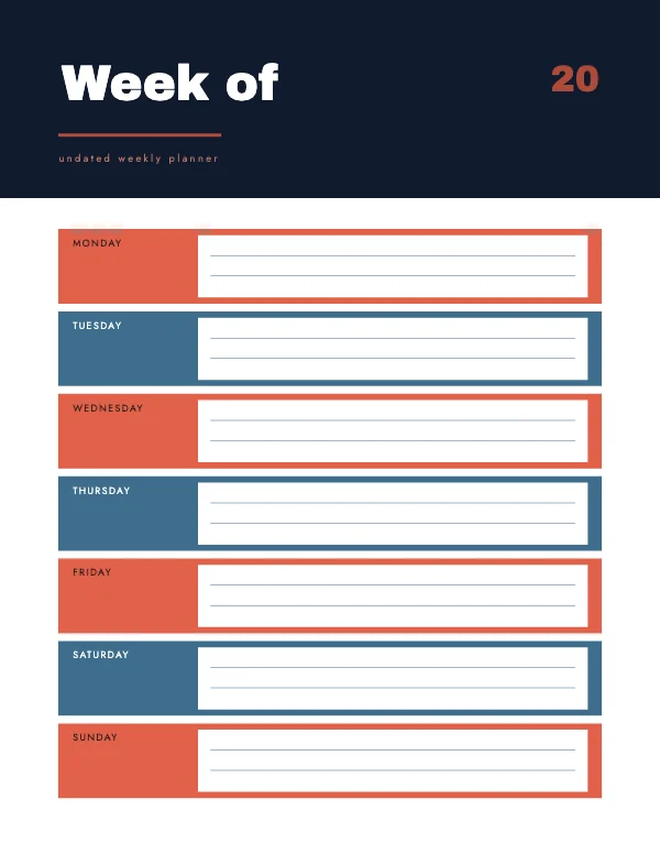 Coral and Navy Undated 8.5 × 11 Weekly Planner