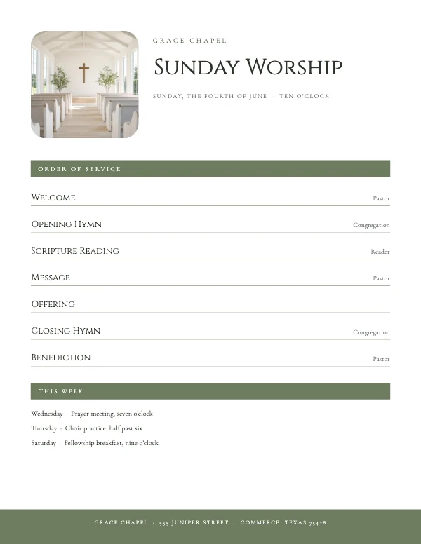 Sage and Bone 8.5 × 11 Weekly Church Bulletin