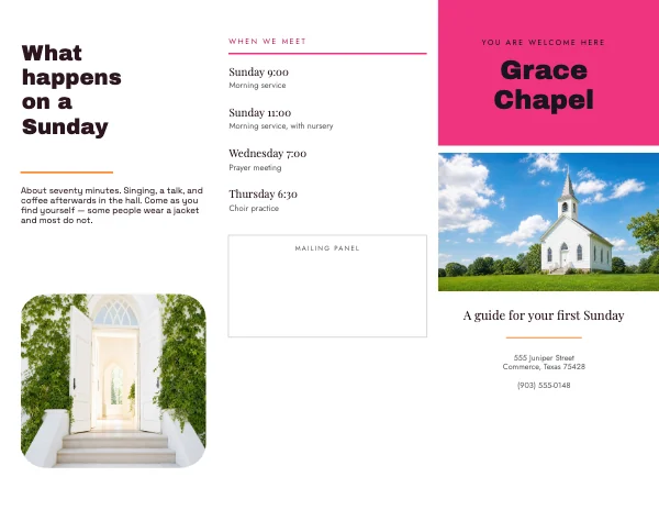 Pink and Peach 11 × 8.5 Church New Visitor Tri-Fold