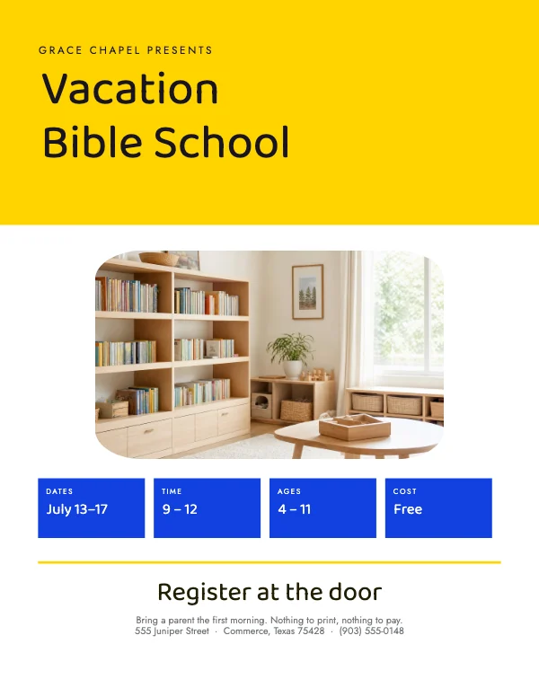 Yellow and Blue 8.5 × 11 Church VBS Flyer