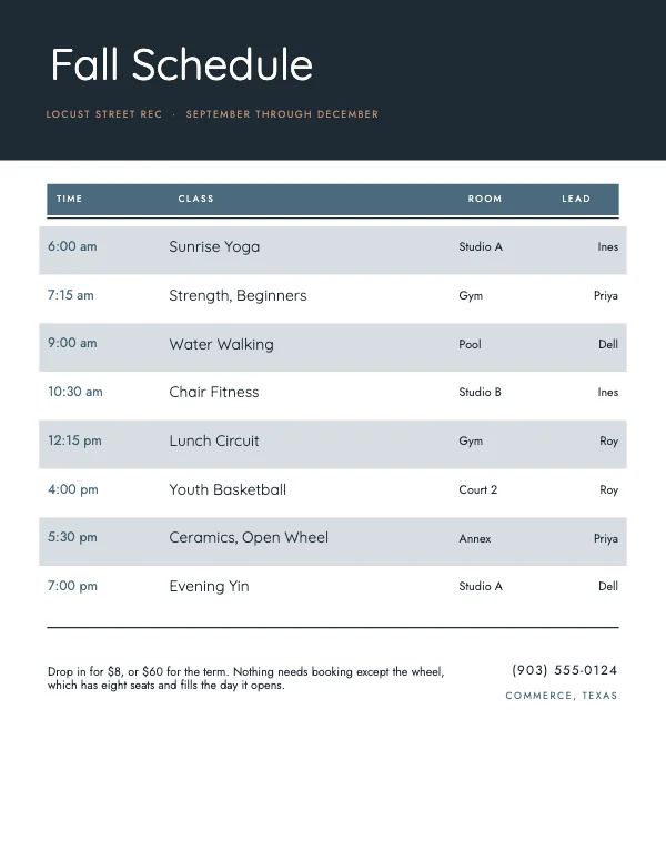 Slate and Cream Clean 8.5 × 11 Class Schedule Flyer
