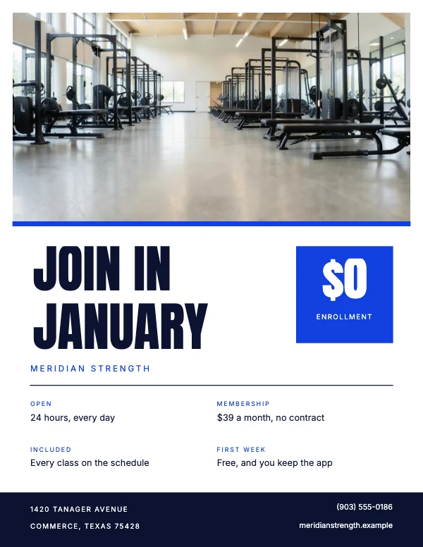 Blue and Flame 8.5 × 11 in Gym Membership Flyer