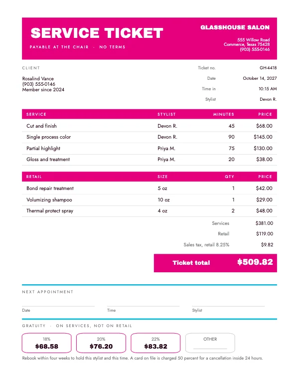 Magenta and Cyan 8.5 × 11 in Salon Service Ticket