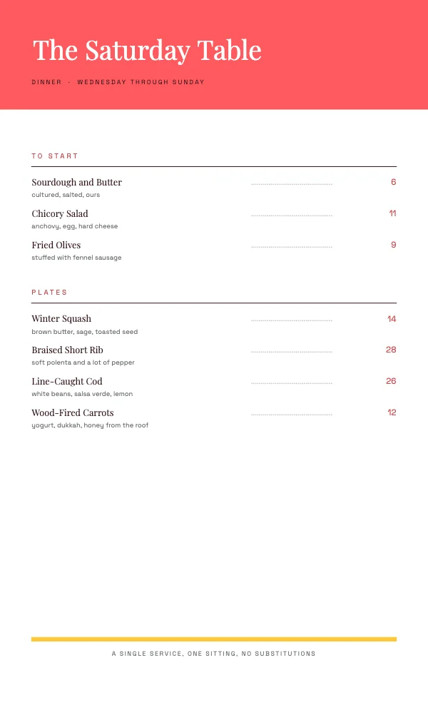Coral and Butter 8.5 × 14 in Banded Header Menu