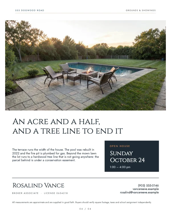 Slate and Cream Modern 8.5 × 11 Real Estate Property Brochure — Grounds and showings