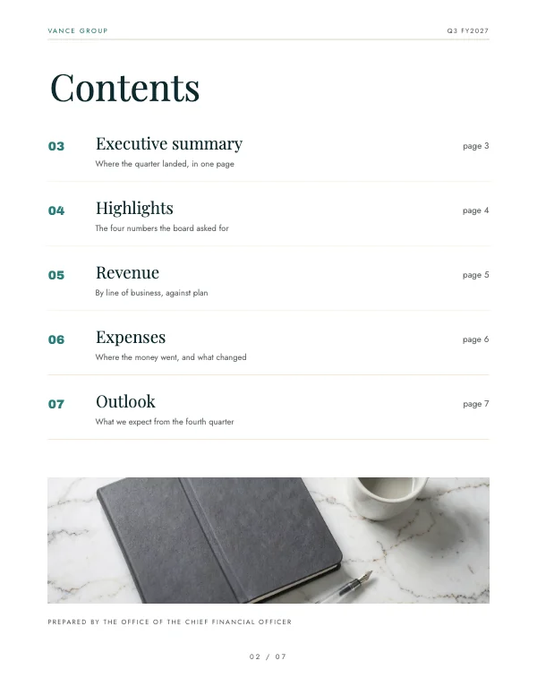 Teal and Gold Corporate 8.5 × 11 Quarterly Finance Report — Contents