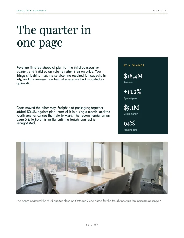 Teal and Gold Corporate 8.5 × 11 Quarterly Finance Report — Executive summary