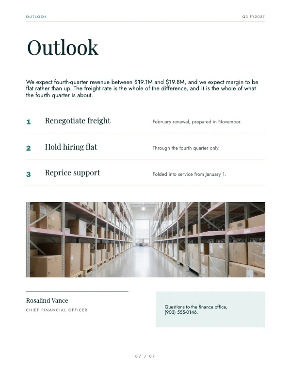 Teal and Gold Corporate 8.5 × 11 Quarterly Finance Report — Outlook