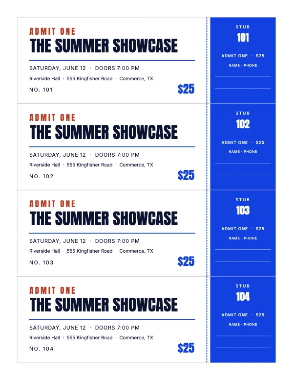 Blue and Flame 8.5 × 11 in Event Admission Tickets