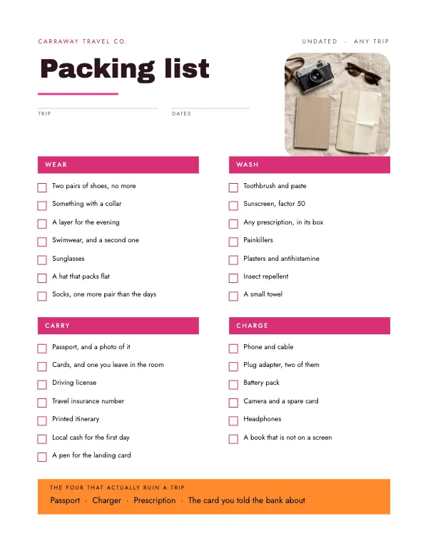 Pink and Peach 8.5 × 11 Travel Packing Checklist