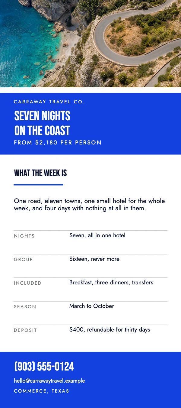 Blue and Flame 4 × 9 Travel Agency Rack Card