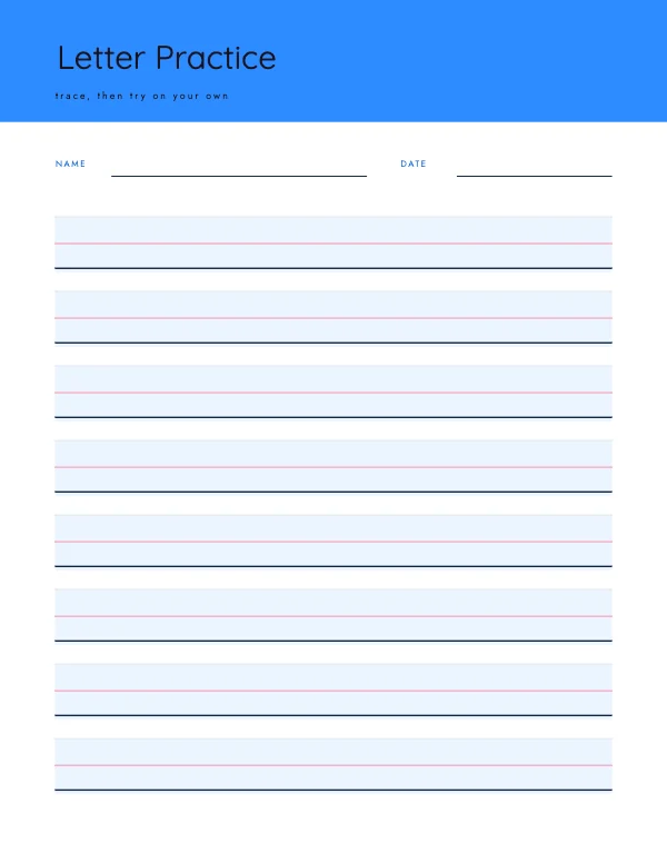 Sky and Blush 8.5 × 11 in Handwriting Practice Worksheet